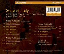Text: "Spice of Italy - Music for Violin and Continuo by Nicola Matteis and Son." Dunkler Hintergrund mit Blumen.