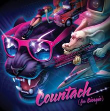 "Countach (for Giorgio)" in pink. Illustration mit Panther, Saurier mit Waffe, Frau, Lastwagen und Computer mit Smiley.