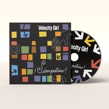 Text: Velocity Girl, ¡Simpatico!  
Ein CD-Cover mit buntem, geometrischem Design und Handillustrationen.