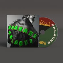 Auf einer schwarzen Jacke steht in großen grünen Buchstaben "SHABAZZ PALACES." Oben links: "IT'S A STYLE SPORT." Neben der Jacke ist eine Disc mit "PALACES."