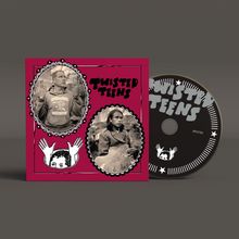 "TWISTED TEENS" steht auf einem pinken Albumcover und einer schwarzen CD. Zwei schwarz-weiße Fotos: eine Person mit erhobenen Händen und eine mit ernstem Gesichtsausdruck, darunter eine Illustration eines Gesichts mit Händen.