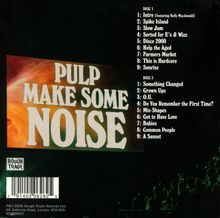 "PULP MAKE SOME NOISE" in großen Buchstaben. Darunter zwei geordnete Tracklisten für Disc 1 und Disc 2. Oben links ein rot-oranges Muster.