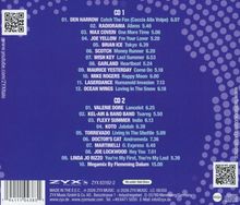 CD-Trackliste mit Künstlern und Titeln, darunter DEN HARROW, RADIORAMA, VALERIE DORE. Blaues Design mit Musterpunkten.