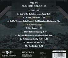 Titelliste des Albums "Tilt!" von Floh de Cologne mit 11 Liedern und deren Laufzeiten auf einem bunten Hintergrund.