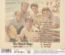 "The Beach Boys - Surfin' Safari Greatest Hits" mit zwölf Titeln. Fünf Männer am Strand, einer hält ein Surfbrett.