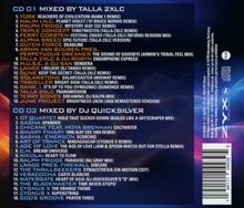 CD 01 und CD 02 Tracklisten, von Talla 2XLC und DJ Quicksilver gemixt. Hintergrund in dunklen Farben mit wellenartigen Mustern.