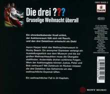 „Die drei ??? - Gruselige Weihnacht überall.“ Text erklärt einen spannenden Fall um einen Diebstahl bei einer Weihnachtsauktion. Links oben ist ein Wolfskopf im Profil als Illustration. Oben rechts befindet sich ein buntes Logo. Rechts unten steht „SONY MUSIC“.