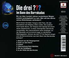 Titel: "Die drei ??? Im Bann des Barrakudas". 

Ein blaues, bedrohliches Fischgesicht links, gelbes Leuchten um den Fisch.