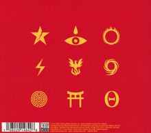 Neun gelbe Symbole auf rotem Hintergrund, darunter Stern, Auge, Flamme und ein Torii-Tor.