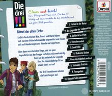 "Die drei !!!", "Clever und frech!", "Rätsel der alten Eiche". Liste: 1. Ferien in der Natur, 2. Die Legende der Liebeseiche, etc. Drei Mädchen gezeichnet. EUROPA-Logo.