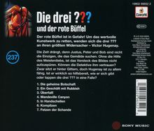 "Die drei ??? und der rote Büffel. Der rote Büffel ist in Gefahr! Justus, Peter und Bob suchen ein wertvolles Gemälde. 237." 

Links oben: Illustration eines roten Büffels.