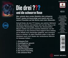 "Die drei ??? und die schwarze Rose" steht über einer Beschreibung, gefolgt von einer Episodenliste. Links sind eine schwarze Rose und die Zahl 240. Oben rechts ist ein Europa-Logo.