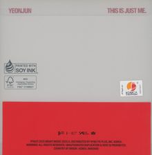 Text: "YEONJUN" und "THIS IS JUST ME." Zwei Logos unten links: "PRINTED WITH SOY INK" und ein FSC-Logo. Kompakt und modern.