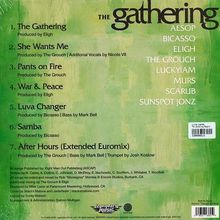 Grüne Hintergrundgrafik mit schwarzem Text: Songtitel und Künstler. Oben "The Gathering", u.a. Eligh und Aesop.