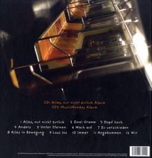 CD1: Alles, nur nicht zurück Album. CD2: MusicMonday Album. Titel: Alles, nur nicht zurück, Zwei Gramm, Kopf hoch. Im Hintergrund ein Foto eines leeren U-Bahn-Abteils.