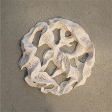 Kein Text vorhanden. Eine wandhängende Skulptur mit organisch wirkendem, durchbrochenem Muster in Weiß.