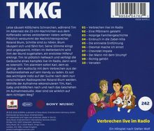 Text: TKKG, Verbrechen live im Radio.  
Hörspiel nach Stefan Wolf. Folge 242.  
Illustration: Vier Jugendliche mit Hund. 