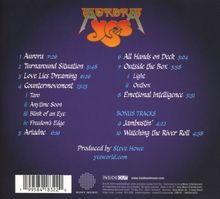 "Aurora Yes" Logo oben. Trackliste mit Titeln und Zeiten, total 10 Songs inklusive Bonus Tracks. Produziert von Steve Howe.