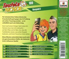 „Teufelskicker 109 Respekt!“, „Für Schiedsrichter Fabian... Geburtstag“, „Fairness...“, „Schiri-Influencer Qualle!“, Liste von Episoden. Links Illustration von zwei Personen.