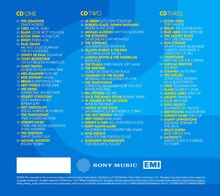 Ein CD-Set mit drei Scheiben, jeweils aufgeführt mit Titel und Künstler unter "CD ONE", "CD TWO" und "CD THREE". Logos: Sony Music, EMI.
