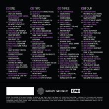 CD ONE bis FOUR, gefolgt von Songtiteln und Künstlernamen. Unten sind die Logos von Sony Music und EMI.