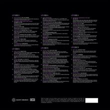 Das Bild zeigt eine Trackliste, unterteilt in "LP1 SIDE A", "LP1 SIDE B", "LP2 SIDE A", "LP2 SIDE B", "LP3 SIDE A", "LP3 SIDE B". Unten links befinden sich die Logos von Sony Music und EMI. Der Hintergrund ist schwarz mit weißem und lilafarbenem Text.