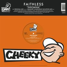 Text: "FAITHLESS 'INSOMNIA', Original Mix 10:55, Armand's European Vacation Mix 8:03." Logo: Lächelndes Gesicht mit Kappe und "CHEEKY."