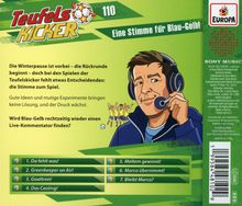 „Teufelskicker 110 - Eine Stimme für Blau-Gelb“ steht oben. Eine Illustration zeigt einen Kommentator mit Headset.