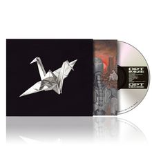 Text "OPTIMIZE" und "OPTDEMISE" auf einer CD-Hülle mit Origami-Kranich und futuristischer Illustration.
