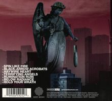 Texte: "1. Spin Like Fire", "2. Black-Arrow Acrobats", "3. Haywire Heart", "4. Terrifying Angels", "5. Rumination Ruin", "6. Below Radiance", "7. Hold Your Wrath". 

Eine Statue vor einer düsteren Skyline mit rotviolettem Himmel.