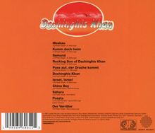 "Dschinghis Khan" Logo auf orangem Hintergrund. Trackliste: Moskau, Komm doch heim, Samurai, u.a. Logos von Jupiter-Records und Sony Music.