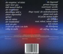 Trackliste mit Titeln wie "die rezeption/ oh lalala", "der lobbyboy", "apricot". Hintergrund mit blauem und rotem Farbverlauf.