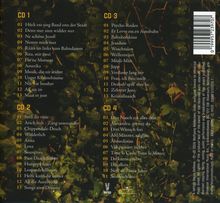 Die Texte sind vier CD-Tracklisten mit Titeln wie "Hück ess sing Band enn der Stadt" und "Diss Naach ess alles drin". Der Hintergrund zeigt Laub.