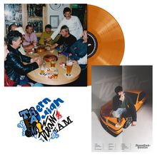 Texte: "TRENNMAN, AM", "StammTisch-Paradn". Männer an einem Tisch, orange Vinyl, Person auf Auto.