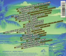 Eine Trackliste mit Titeln unter Palmenhintergrund, blauer Himmel und ein Fass mit "Doppelhorn" darauf. Links Palmenblätter.