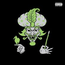 Parental Advisory: Explicit Content. Eine farbenfrohe Illustration mit einem Clown mit Turban, Zauberstab und Vogel auf dunklem Hintergrund.