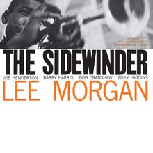 "The Sidewinder" in großer Schrift; darunter Musiker-Namen wie Joe Henderson; LEE MORGAN in kräftigem Orange. 