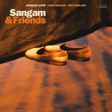 "Sangam & Friends" oben, Namen Charles Lloyd, Zakir Hussain, Eric Harland. Zwei orangefarbene Schuhe auf schattigem Boden.