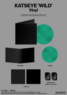 Text: "KATSEYE 'WILD' Vinyl." Darstellung des Vinyl-Sets mit Gatefold, Vinyl, Hülle und Fotokarte.