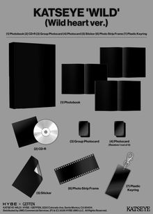 KATSEYE 'WILD' (Wild heart ver.): Photobook, CD-R, Group Photocard, Photocard, Sticker, Photo Strip Frame, Plastic Keyring.