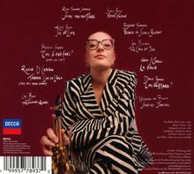 Verschiedene Songtitel und Künstlernamen auf rotem Hintergrund. Frau in Zebra-Muster hält ein Saxophon. Decca-Logo unten links.