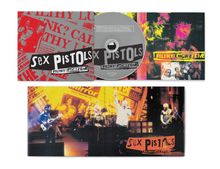 "Sex Pistols" und "Filthy Lucre Live" sind mehrfach abgebildet. Collagenartiger Stil mit roten und gelben Akzenten.