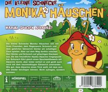 Die kleine Schnecke Monika Häuschen: Warum spucken Alpakas? Illustration: Schnecke mit Hut auf Wiese, Bäume im Hintergrund.