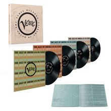 "The Jazz of America is on Verve", mehrmals auf bunten Plattencovern. Platten und Heft mit Texten und Grafiken.