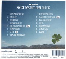 "MONTEZ - So ist das mit dem Glück" und Titel wie "NIEMAND IST WIE DU", darunter Klee vor Bergkulisse, Logos unten.