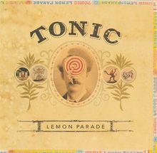 Oben “TONIC”, unten “LEMON PARADE”. Ein antikes Foto mit einem Mann, dessen Gesicht mit einem Zielscheibenmuster überdeckt ist.