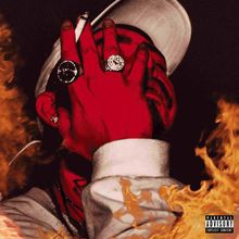 Warnhinweis: „Parental Advisory: Explicit Content“. Rotes Gesicht, Hand mit Ringen, Flammen, Zigarette, Mütze.
