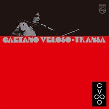 "CAETANO VELOSO • TRANSA" in grauer Schrift. Schwarz-rote Illustration, links ein schwarzes Bild einer Person am Mikrofon.