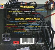 "WHO ARE YOU" gefolgt von Songtiteln und SESSIONS, DEMOS & MIXES. Kabel und Stecker überlappen sich im Hintergrund.