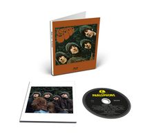 Texte: "Rubber Soul", "PARLOPHONE". Eine Broschüre mit vier Porträts, ein Foto und eine CD nebeneinander.
